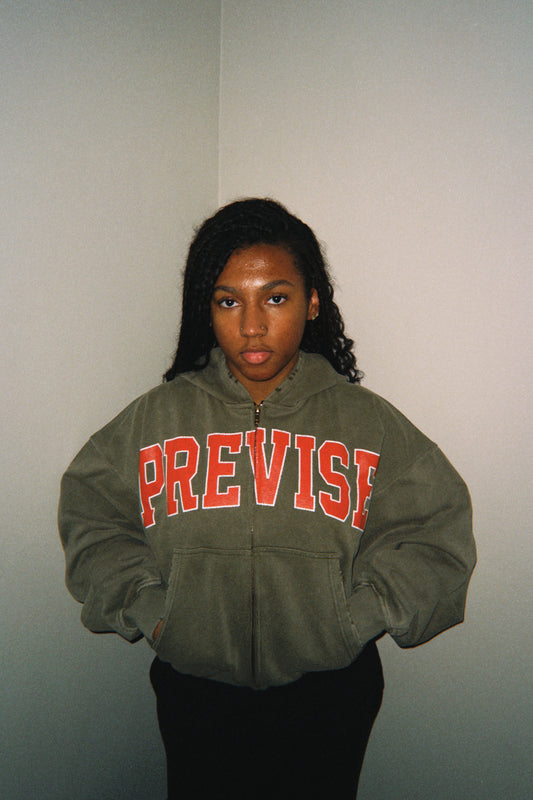 PREVISE Vintage Varsity Zip Hoodie - Forest Green